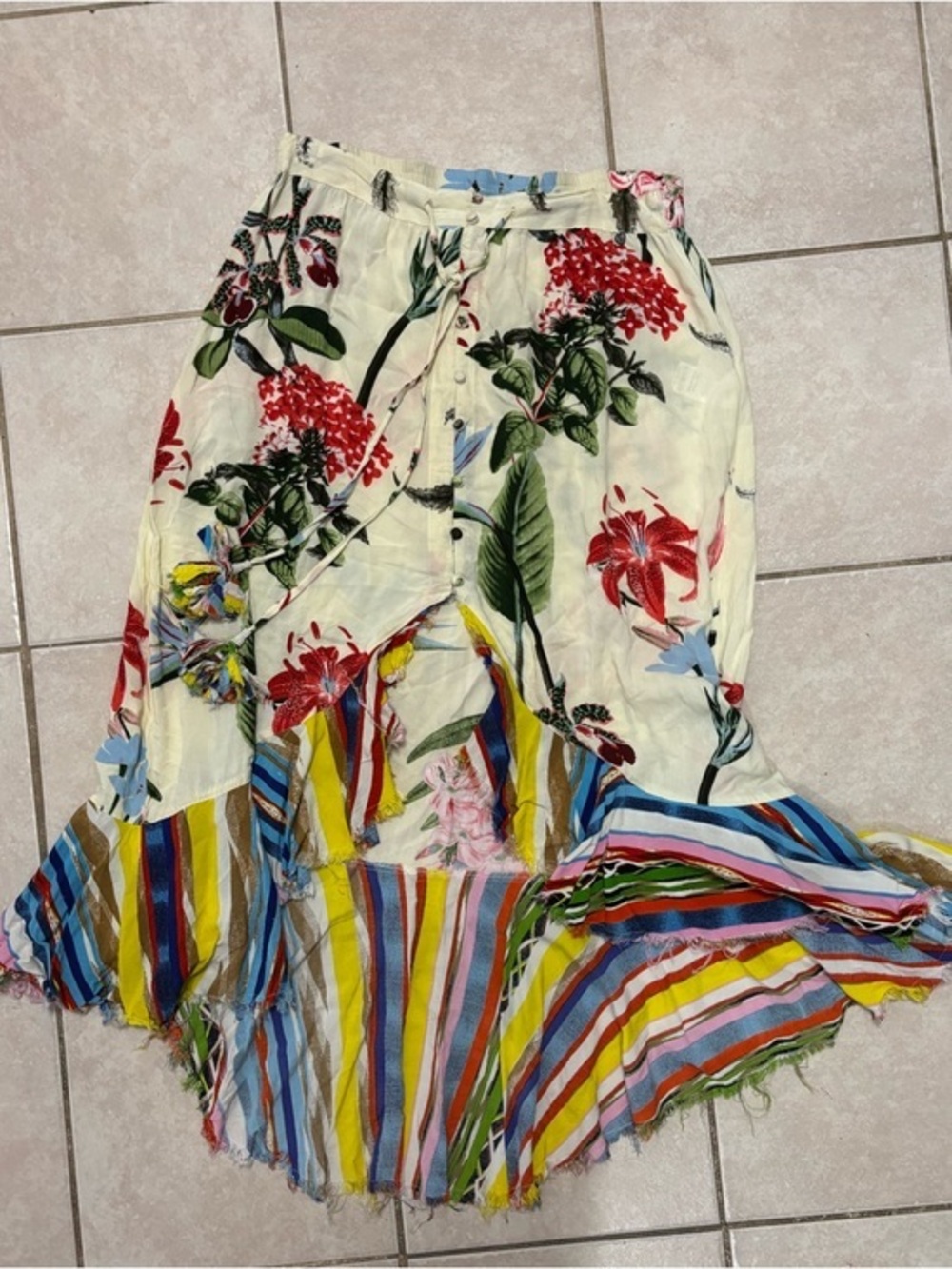 Z&L bohemian floral patchwork high-low skirt with a colorful striped hem
